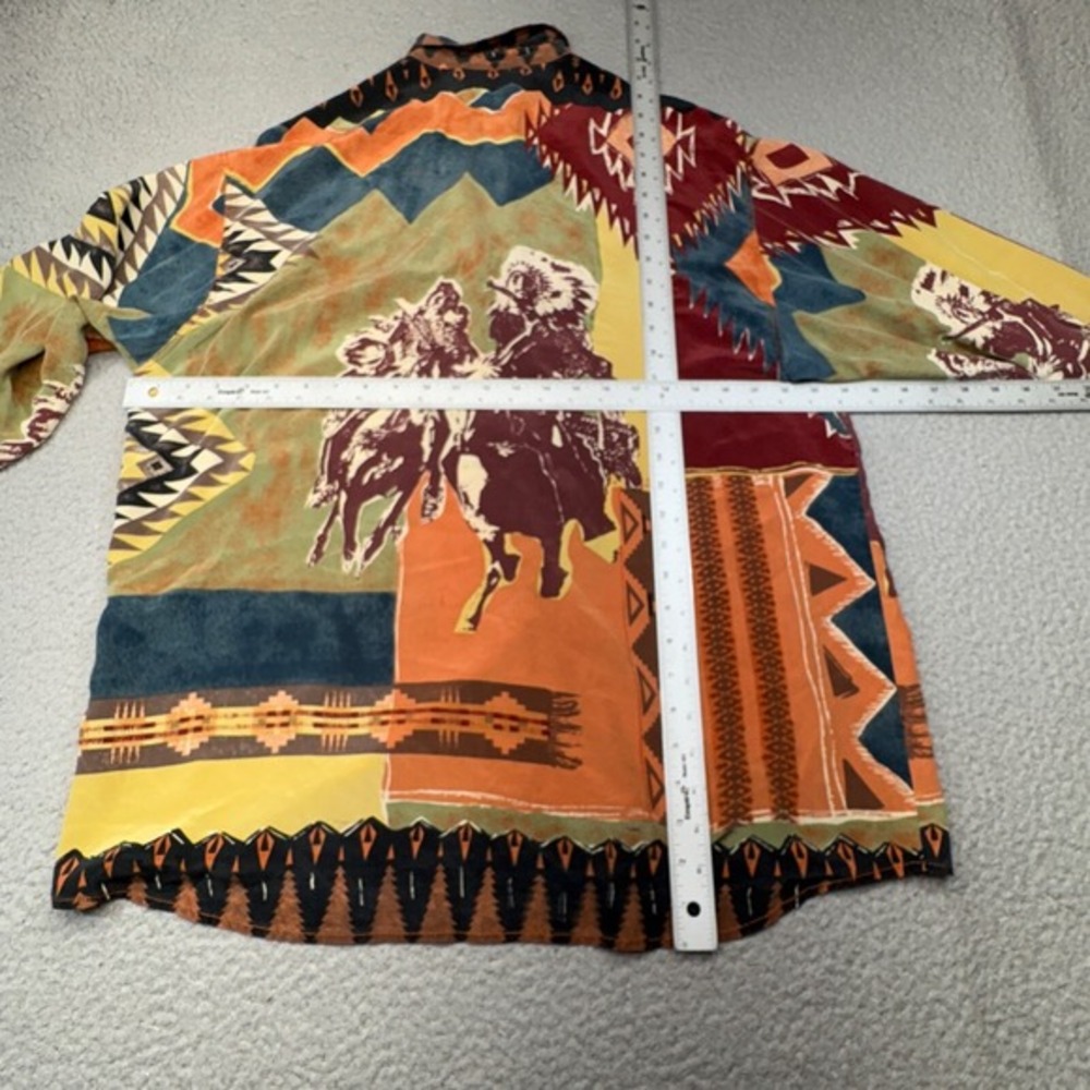 VINTAGE Otto Kern Tunic Top Womens 10 Silk Indian Head Horse Art Boho Shirt 90s - Picture 11 of 13